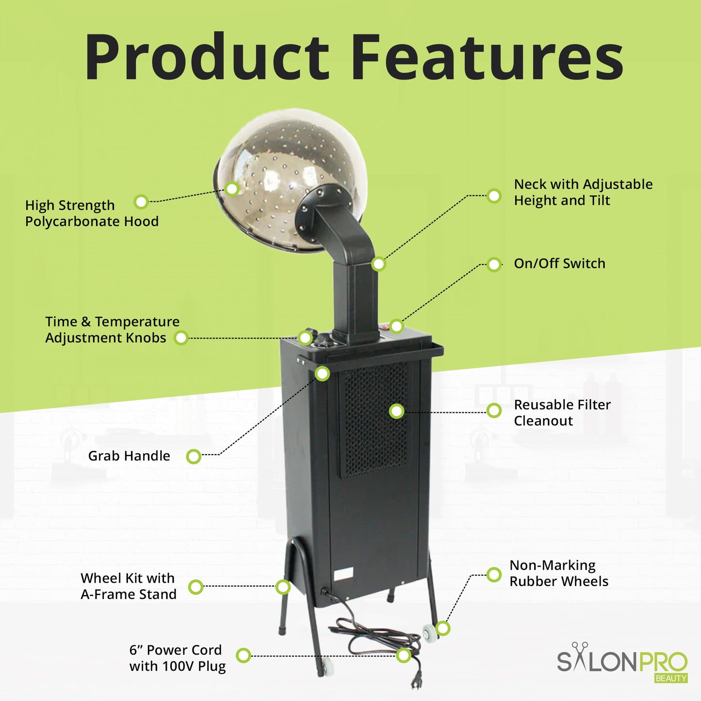 SalonPro Ionic Hooded Hair Dryer with Rolling Stand