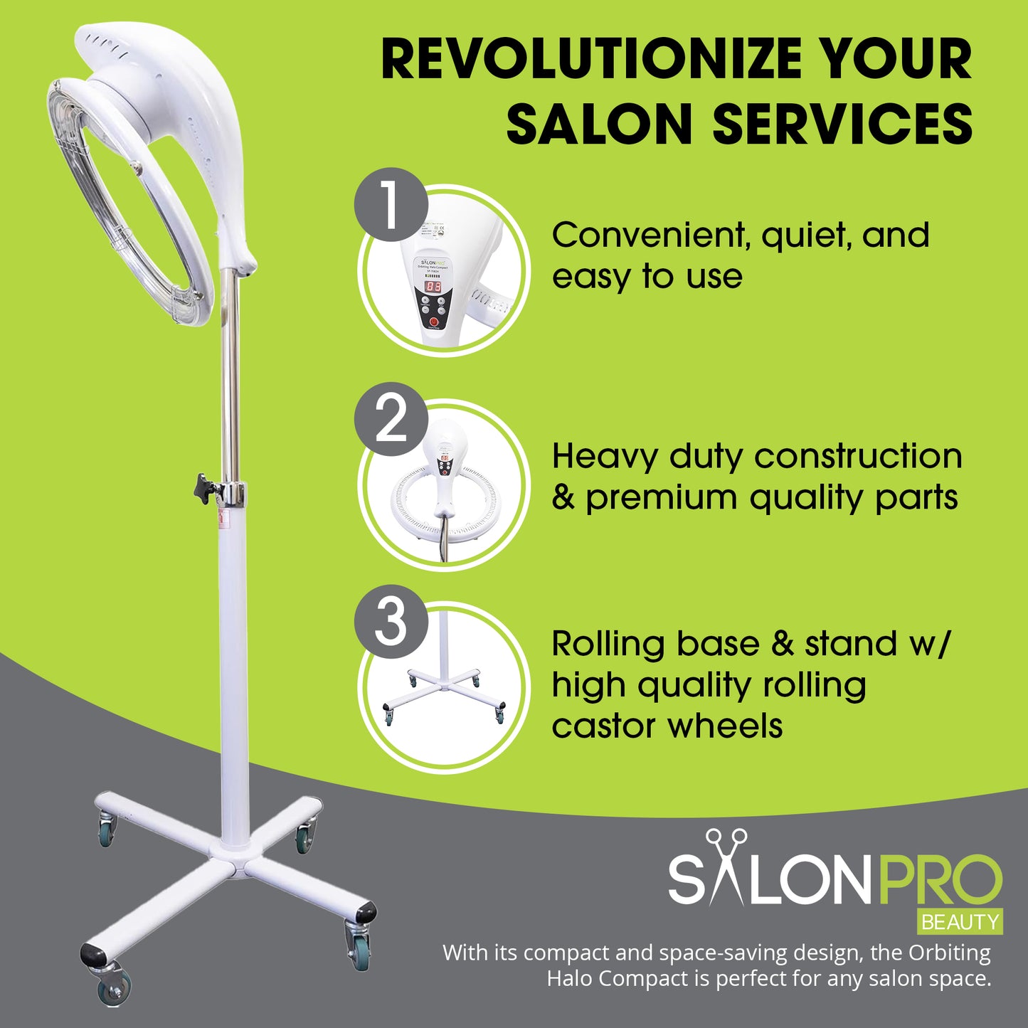 SalonPro Orbiting Halo Procesador y acelerador de color de cabello infrarrojo profesional compacto con base rodante - Blanco