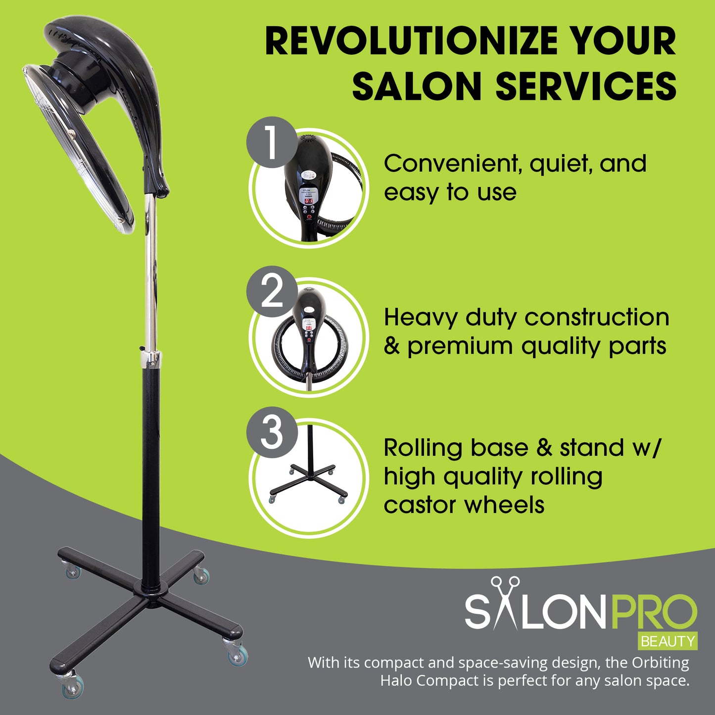 SalonPro Orbiting Halo Procesador y acelerador de color de cabello infrarrojo profesional compacto con base rodante - Negro