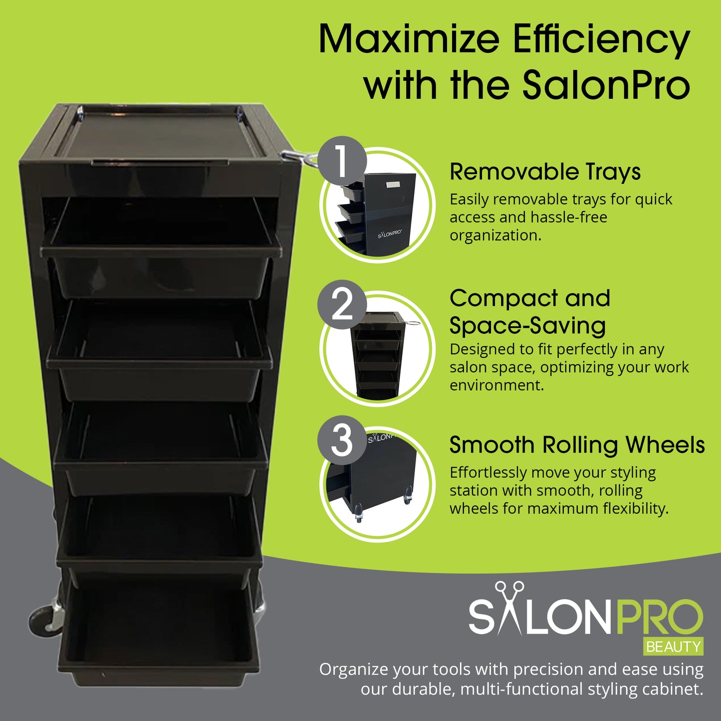 SalonPro 5-Drawer Styling Cabinet & Trolley – Gloss Black with Rolling Wheels