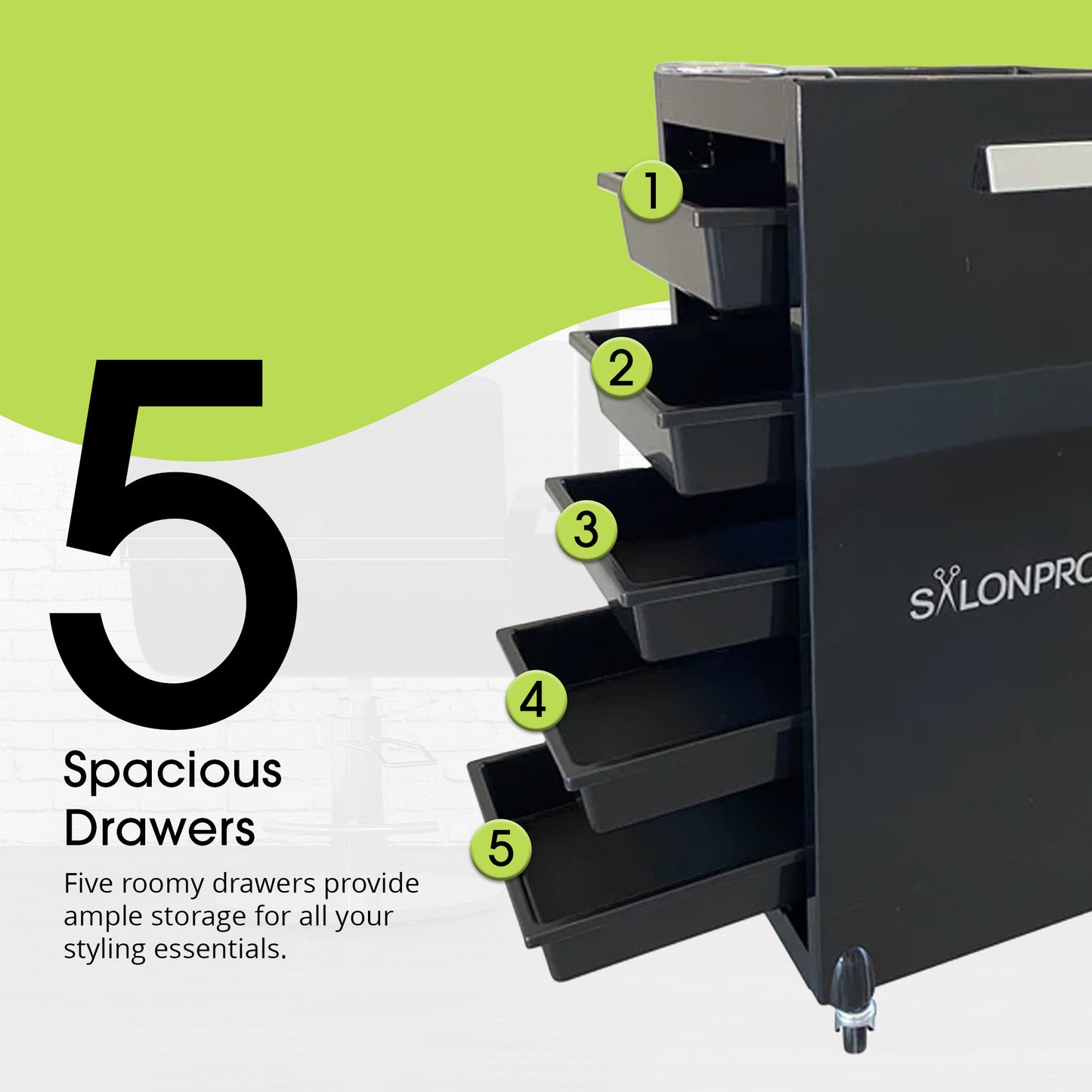 SalonPro 5-Drawer Styling Cabinet & Trolley – Gloss Black with Rolling Wheels