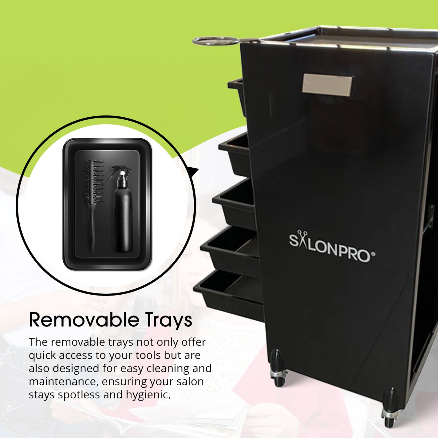 SalonPro 5-Drawer Styling Cabinet & Trolley – Gloss Black with Rolling Wheels