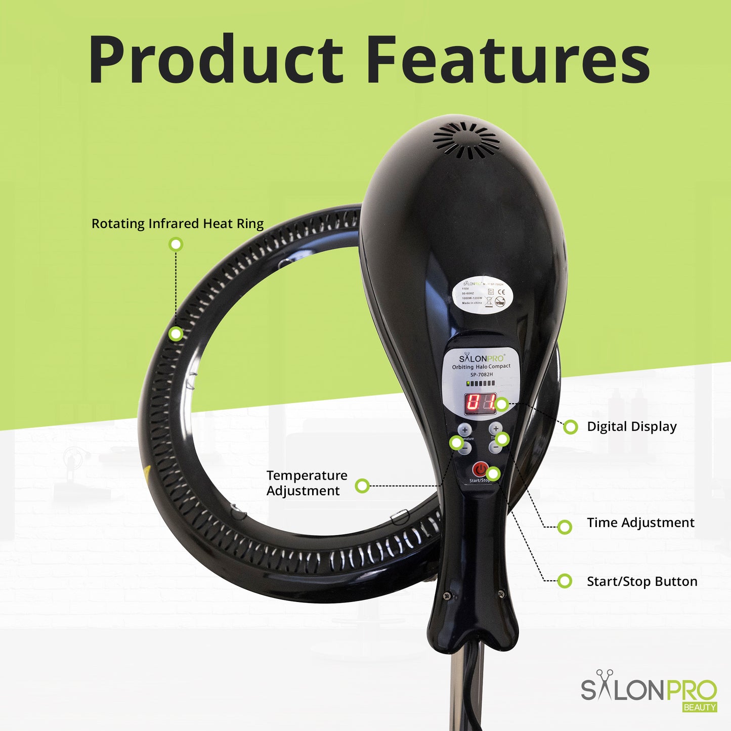 SalonPro Orbiting Halo Procesador y acelerador de color de cabello infrarrojo profesional compacto con base rodante - Negro