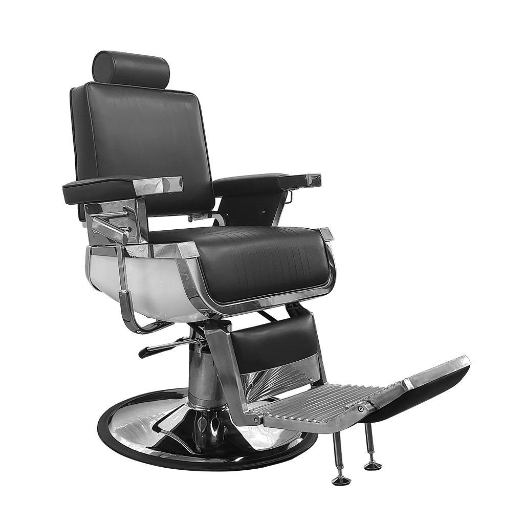 Chaise de barbier Ikonna H-31905BKR | Chaise de barbier moderne et réglable en noir élégant, avec finitions argentées