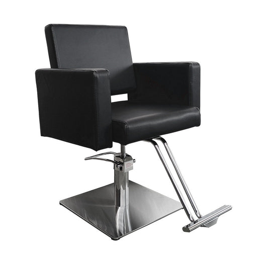 Silla de peluquería profesional Ikonna | Diseño en forma de caja en negro clásico con una base cuadrada duradera