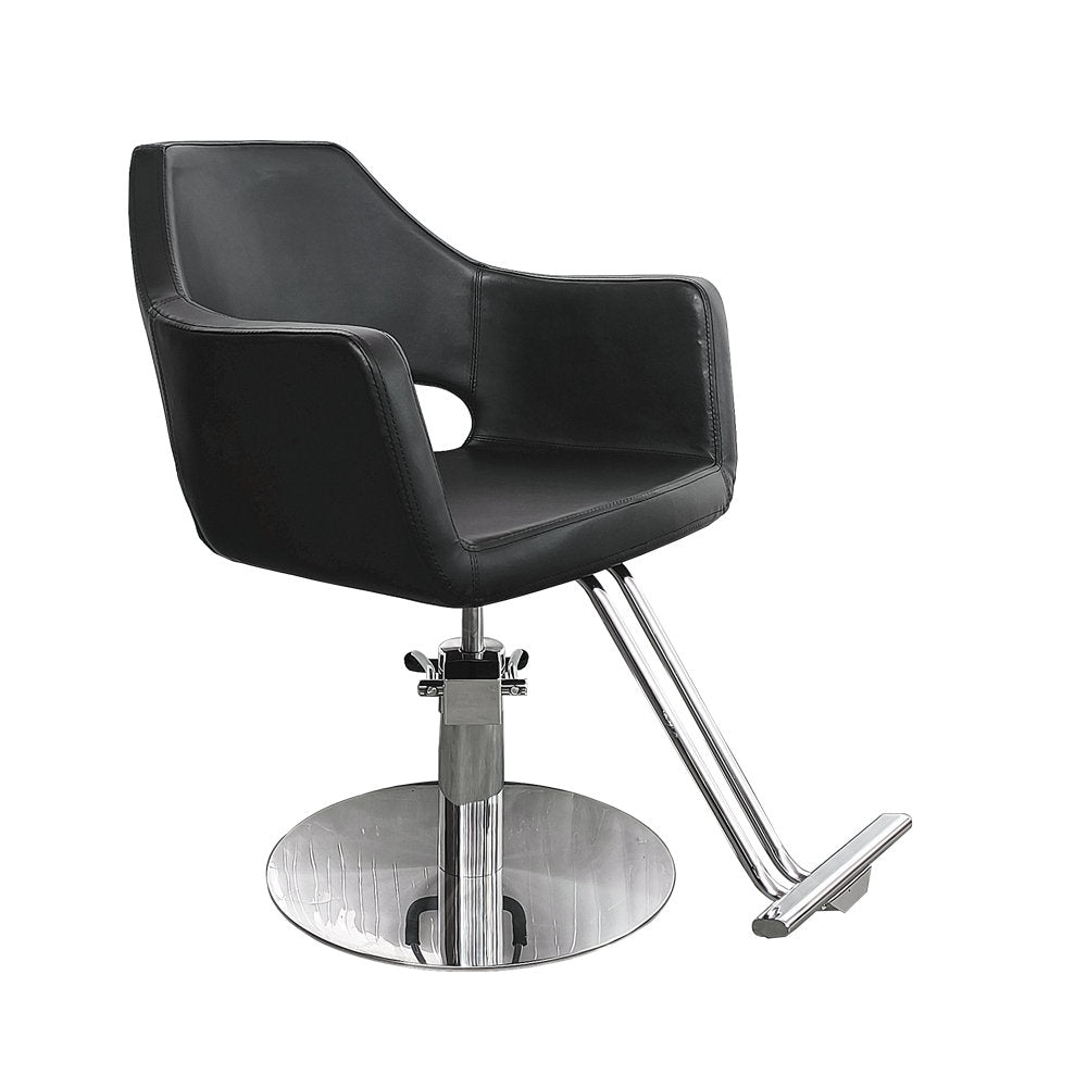 Fauteuil de coiffure professionnel Ikonna | Design noir moderne avec une base robuste et un repose-pieds.