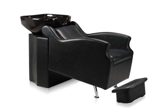 Unité de fauteuil à shampoing tout-en-un Ikonna Y204BK | Chaise noire classique au design élégant avec bol assorti et repose-pieds séparé