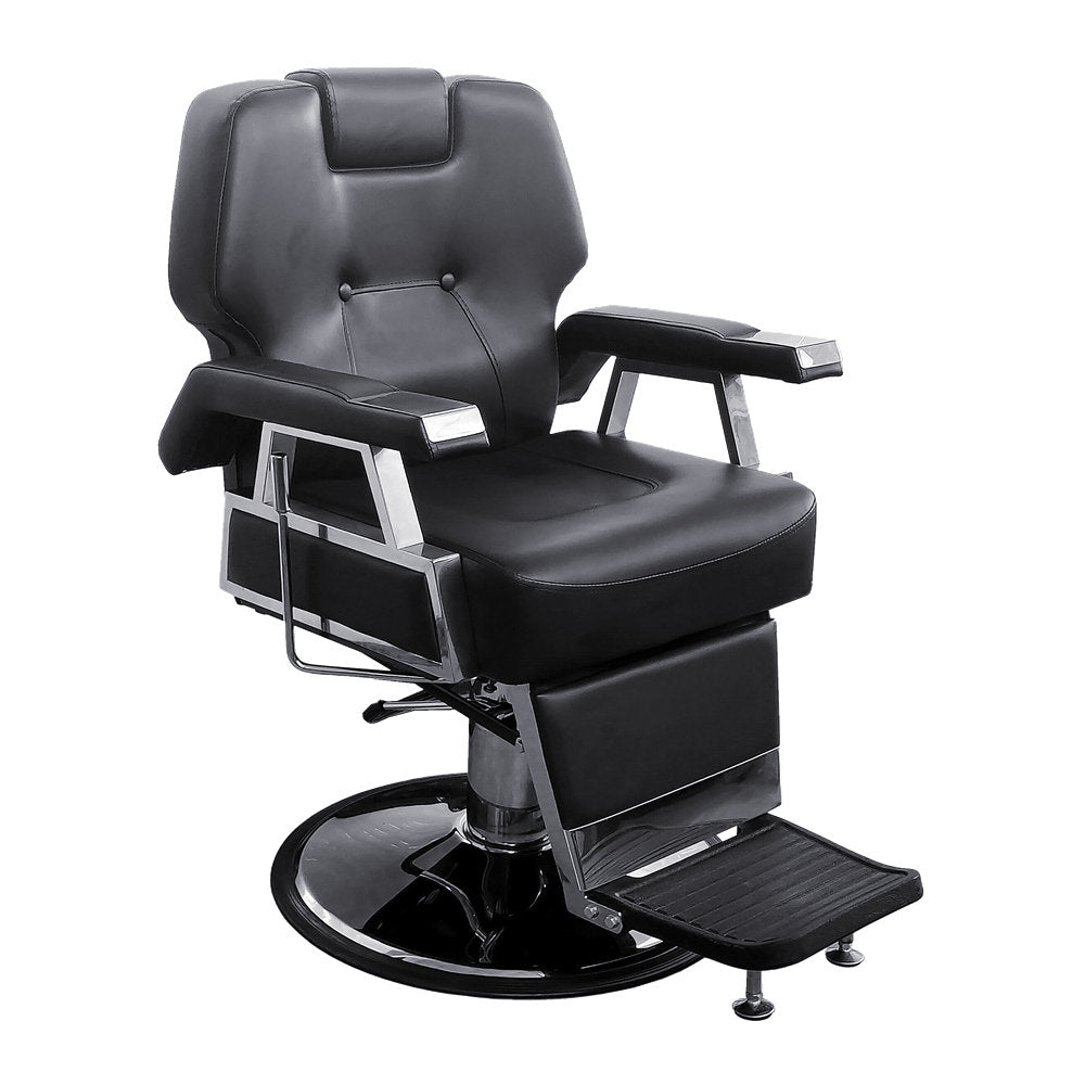 Chaise de barbier Ikonna H-31307BKR | Chaise de barbier réglable en noir classique, design volumineux avec base en forme de pièce de monnaie robuste