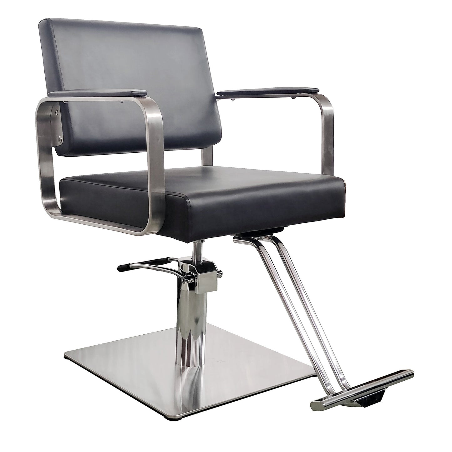 Fauteuil de coiffure professionnel Ikonna | Noir élégant avec accoudoirs argentés et base carrée solide