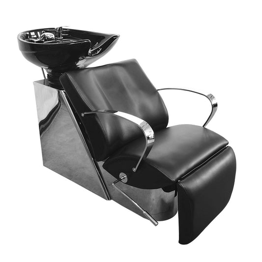 Ikonna Unité de fauteuil à shampoing tout-en-un H-5501BK | Unité de shampoing moderne en noir, accoudoirs argentés et repose-pieds rétractable