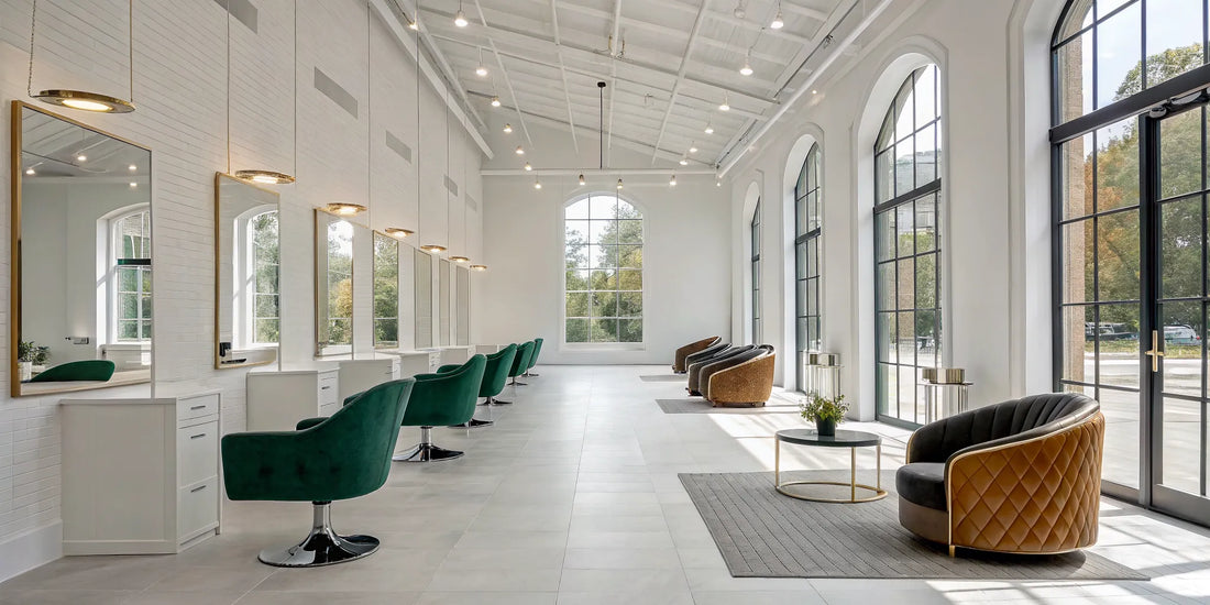 Unique green and gold salon chairs in a modern, sunlit interior.