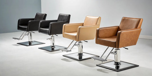 Affordable hydraulic styling chairs in black and brown with durable chrome bases.