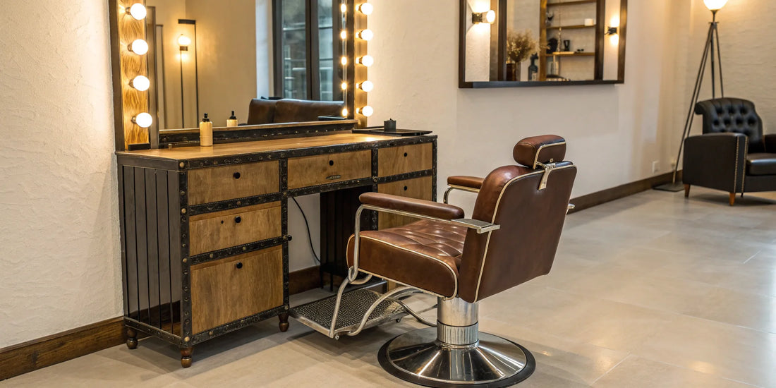A cheap salon styling station with a professional look, featuring a large mirror and a barber chair.