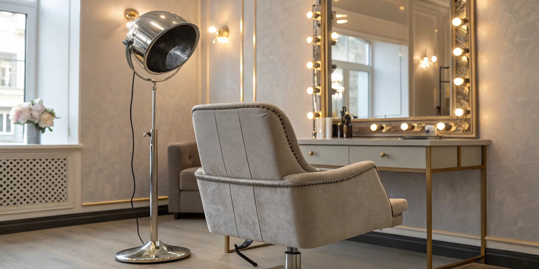 A standing salon hair dryer ready for use in a professional hair salon.