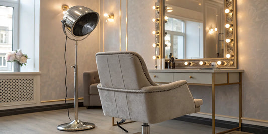 A standing salon hair dryer ready for use in a professional hair salon.