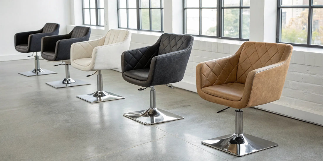 Modern and cheap salon styling chairs lined up in a row.