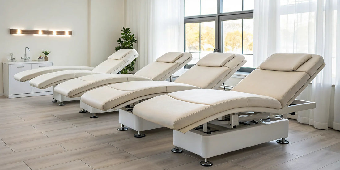 Four modern electric esthetician beds with ergonomic and adjustable features in a spa.