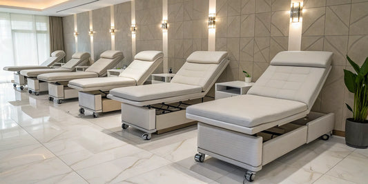 Modern hydraulic esthetician beds arranged in a clean, professional spa.