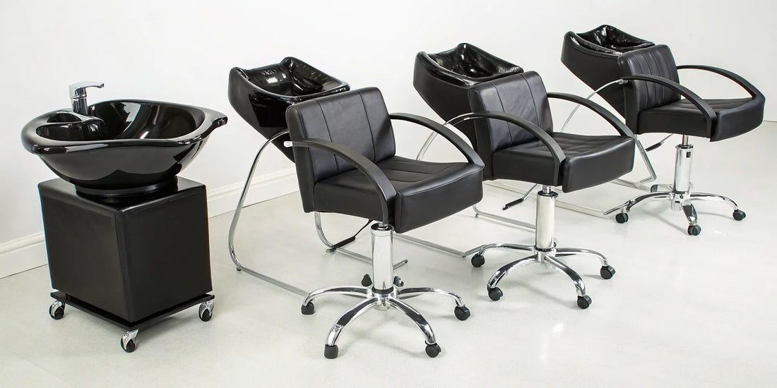 A portable shampoo bowl and chair set with a black salon chair and a wheeled basin.