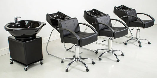 A portable shampoo bowl and chair set with a black salon chair and a wheeled basin.