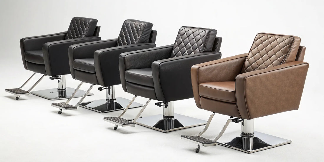A row of modern reclining hydraulic salon chairs with quilted upholstery and chrome bases.