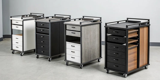 Professional salon cart with a built-in power strip and storage drawers on wheels.