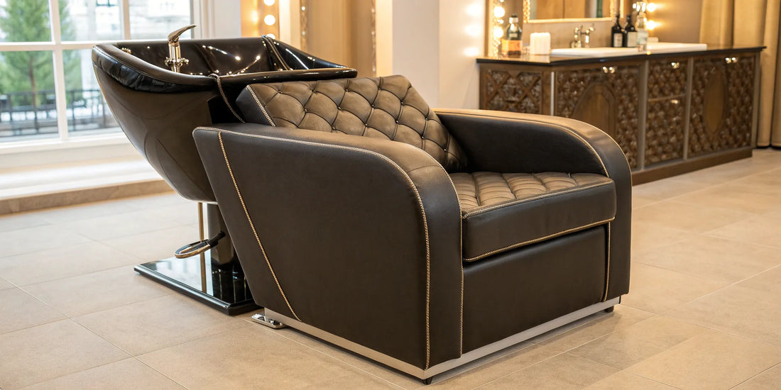 Lounge shampoo backwash unit with an ergonomic chair and a deep, tilting shampoo bowl.