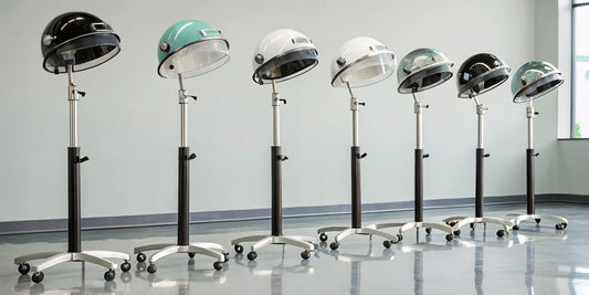 A line of affordable salon hair dryers on wheels in a modern salon.