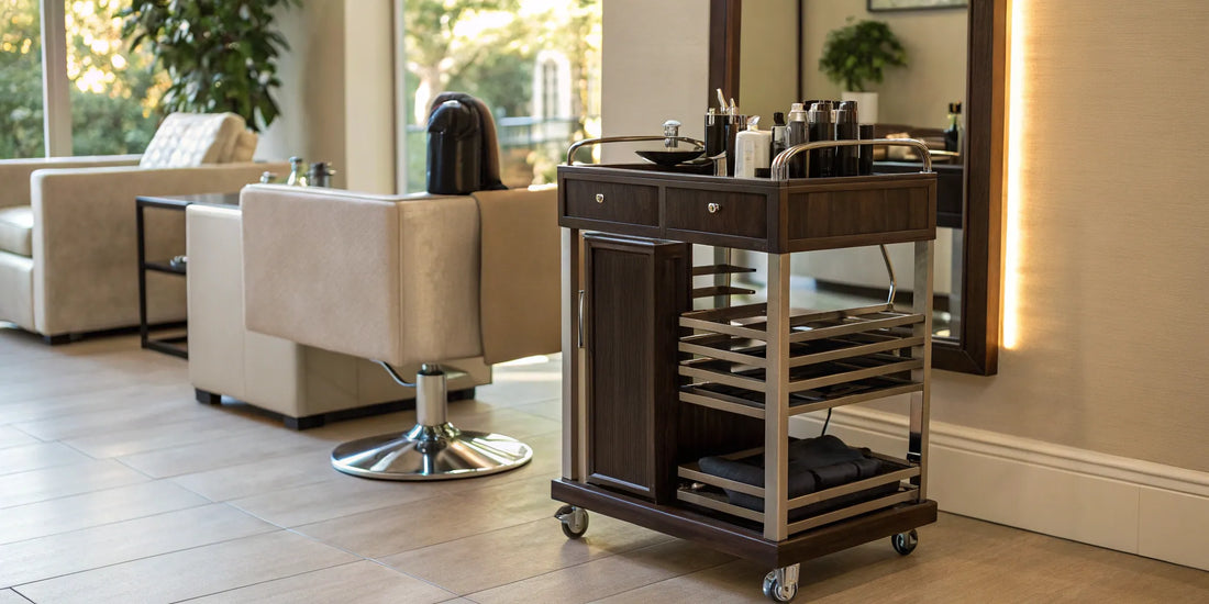 Organized hair stylist rolling cart with tools and shelves next to a salon chair.