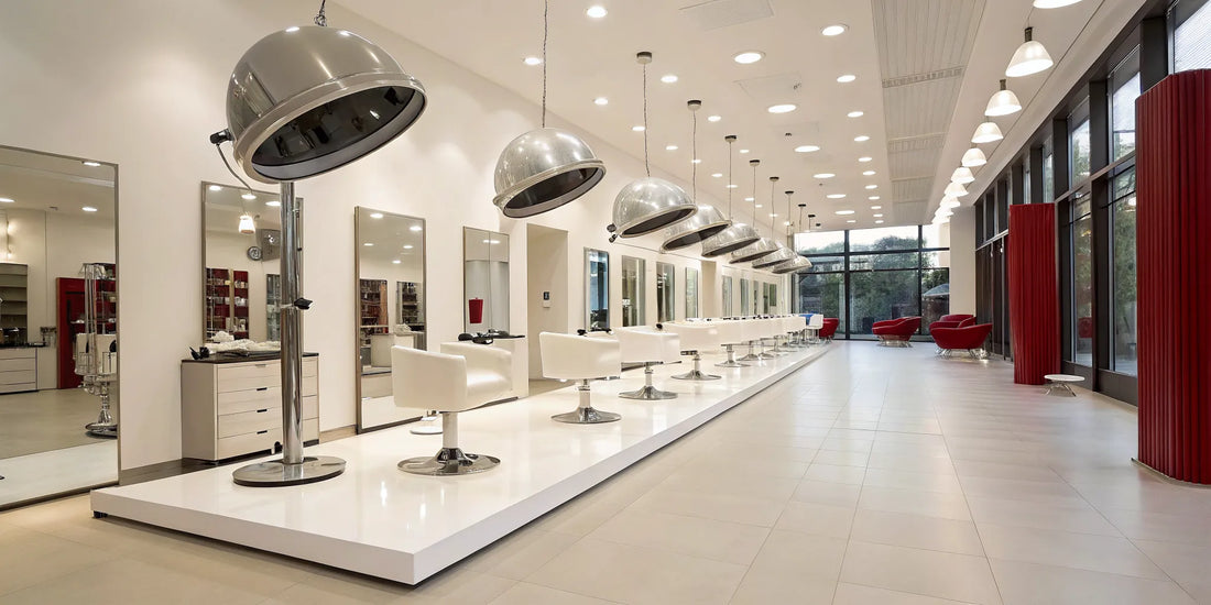 A modern salon featuring some of the best infrared hair color processors over styling chairs.