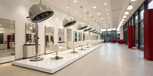 A modern salon featuring some of the best infrared hair color processors over styling chairs.