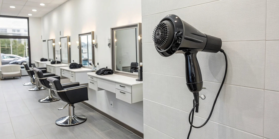 Professional wall mounted hair dryer installed in a modern hair salon.
