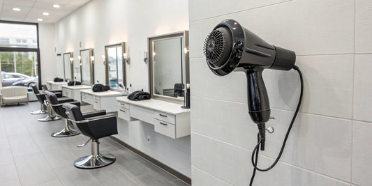Professional wall mounted hair dryer installed in a modern hair salon.
