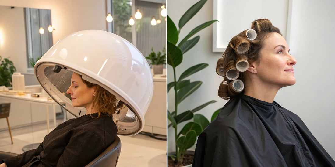 Woman with rollers in her hair sits under a hooded hair dryer, a better option for healthy hair.
