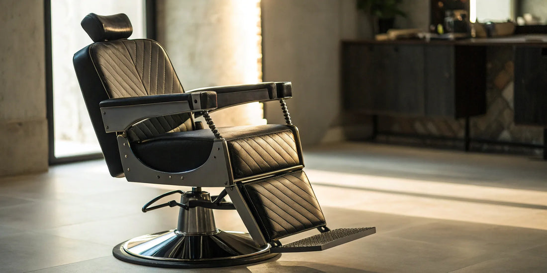 A modern black barber chair with a chrome base, an example of quality chairs for wholesale purchase.