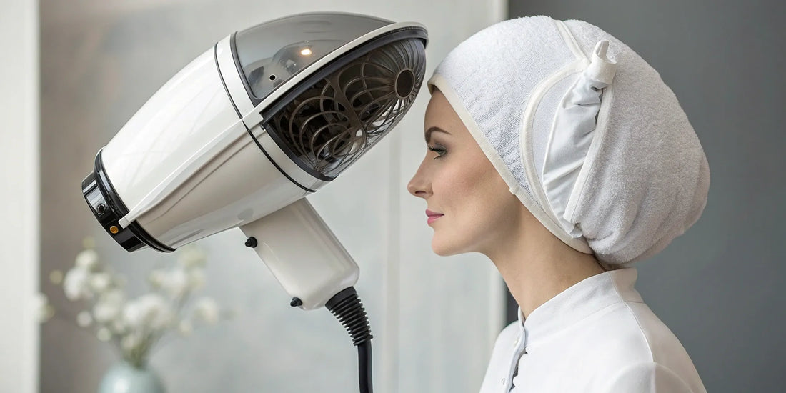 A client's hair dries evenly under a professional bonnet hair dryer in a salon.