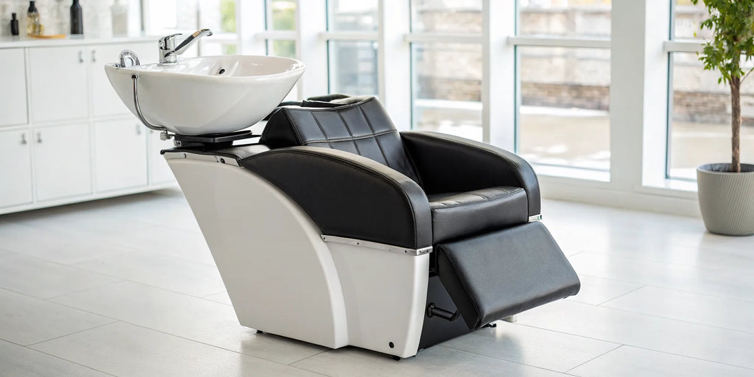 A comfortable reclining backwash shampoo unit for a professional salon.