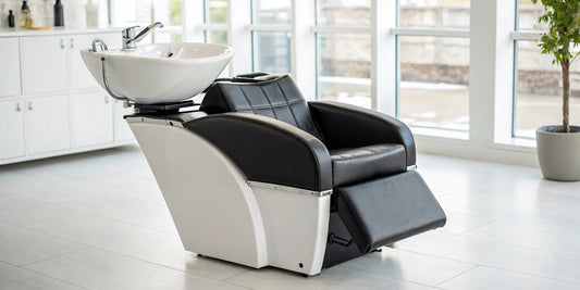 A comfortable reclining backwash shampoo unit for a professional salon.