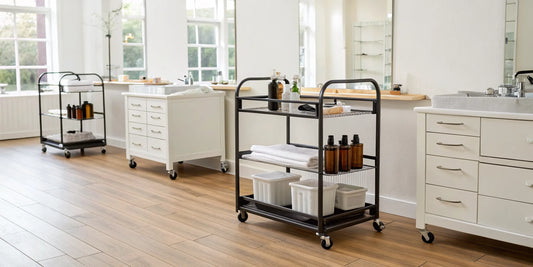 Beauty salon trolley cart with drawers and shelves for professional tool organization.