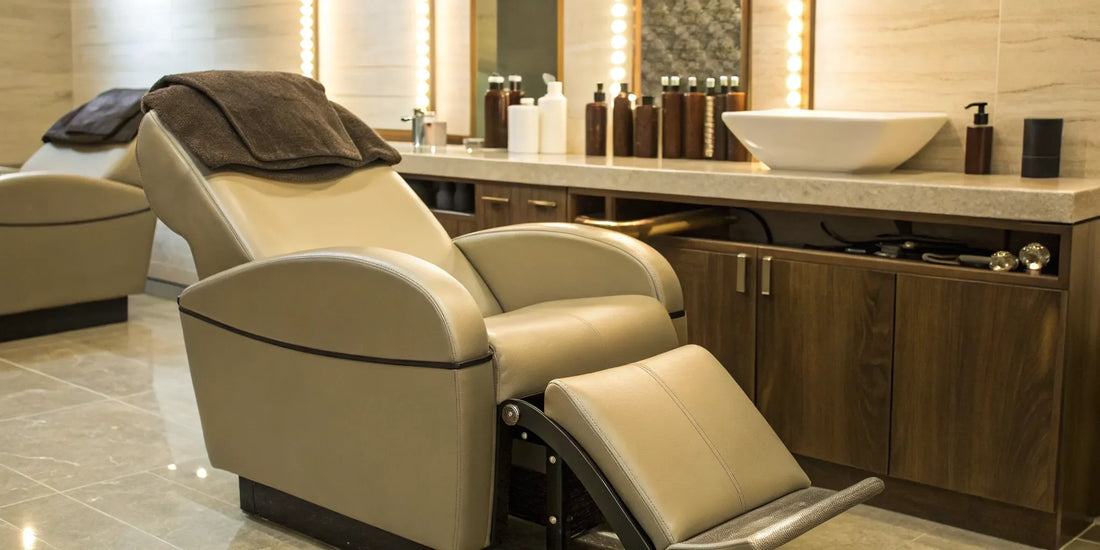 A comfortable reclining shampoo chair with an attached backwash unit.
