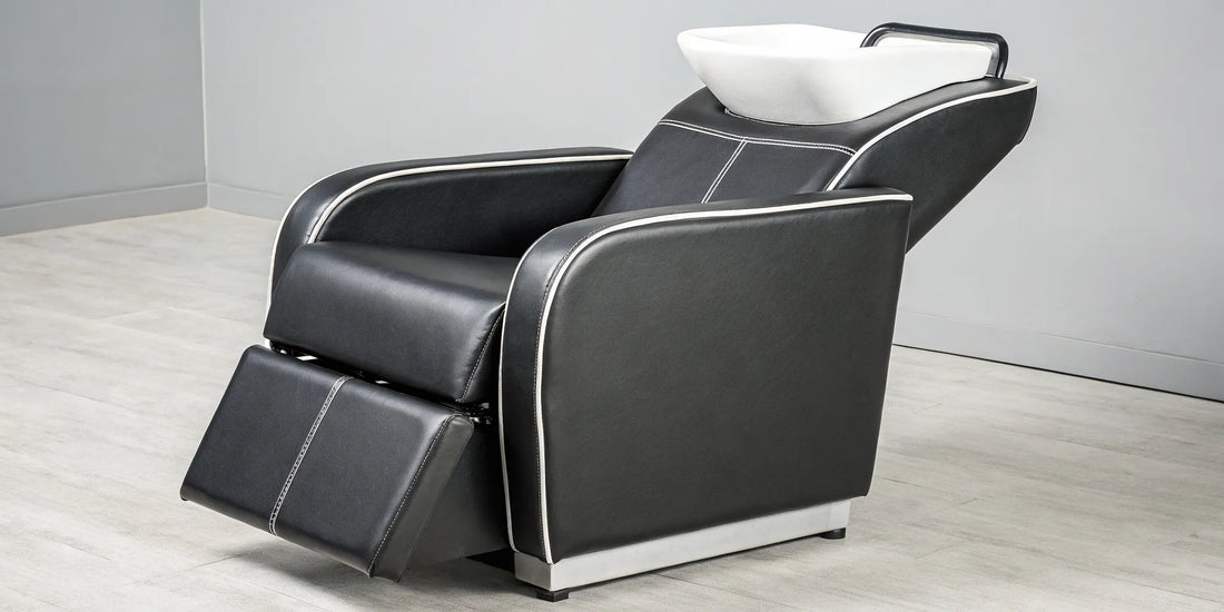 A professional black shampoo chair only with a white basin, a quality choice for a modern salon.