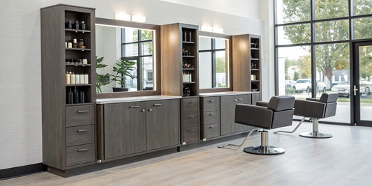 A modern floating salon station with a mirror and chair in a bright, organized salon.