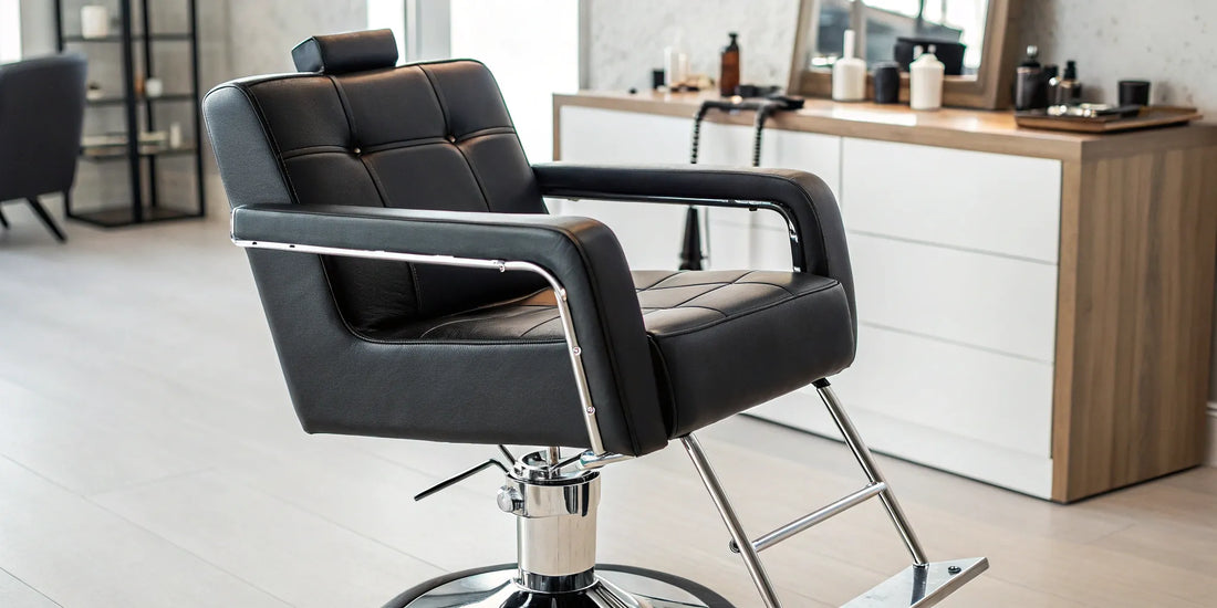 A modern black hydraulic salon chair with a stable chrome base.