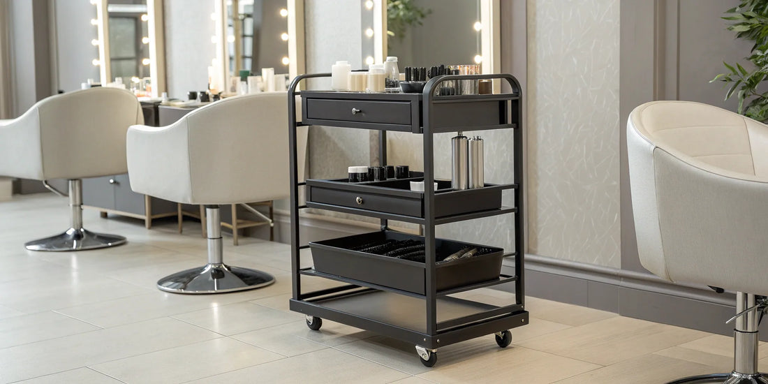 Professional salon trolley cart with organized storage compartments and wheels.
