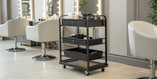 Professional salon trolley cart with organized storage compartments and wheels.