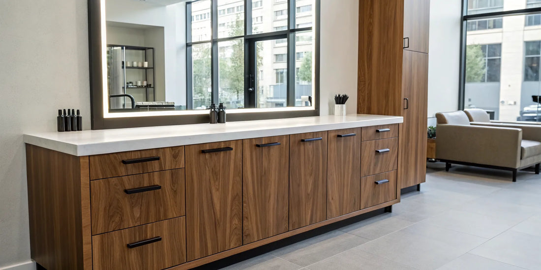 Modern salon station cabinet with wood finish, a large mirror, and organized storage.