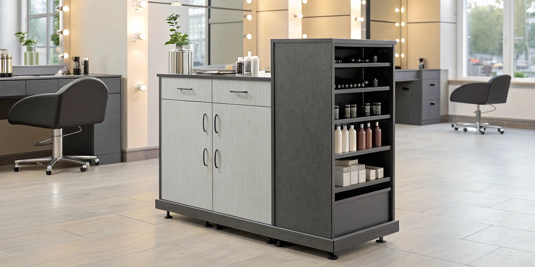 Modern free standing salon station with integrated storage drawers and a large, professional mirror.
