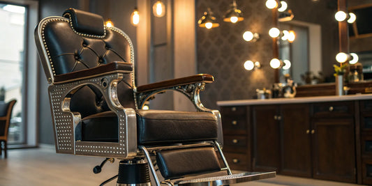 A black leather heavy duty barber chair with a sturdy metal frame and hydraulic base.