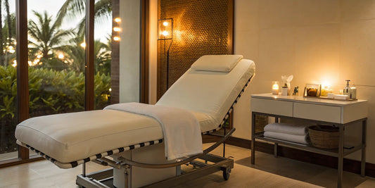 A professional hydraulic facial bed with an adjustable backrest in a clean spa room.