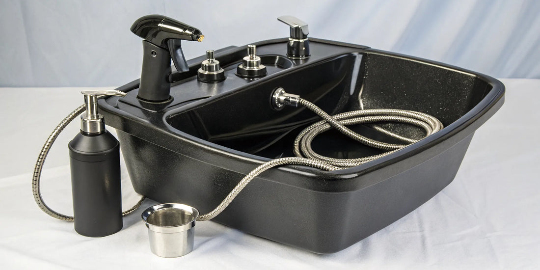 A portable shampoo bowl with a self-contained water tank and sprayer.